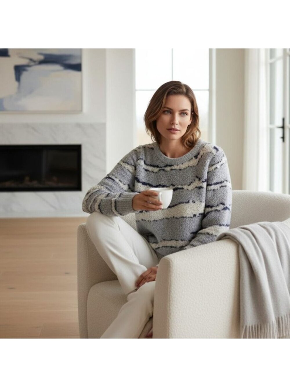 NEW Barefoot Dreams Ocean Zebra CozyChic Seaside CrewNeck Pullover Sweater Small